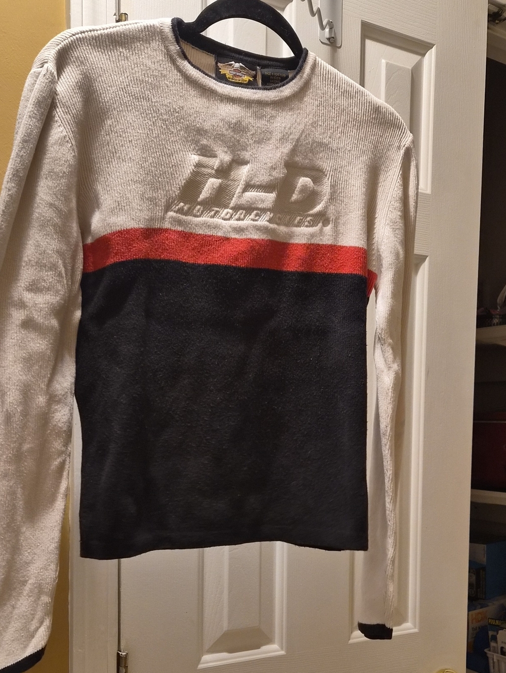 Harley Davidson Colorblock Crewneck Sweater - White/Black with Orange Stripe